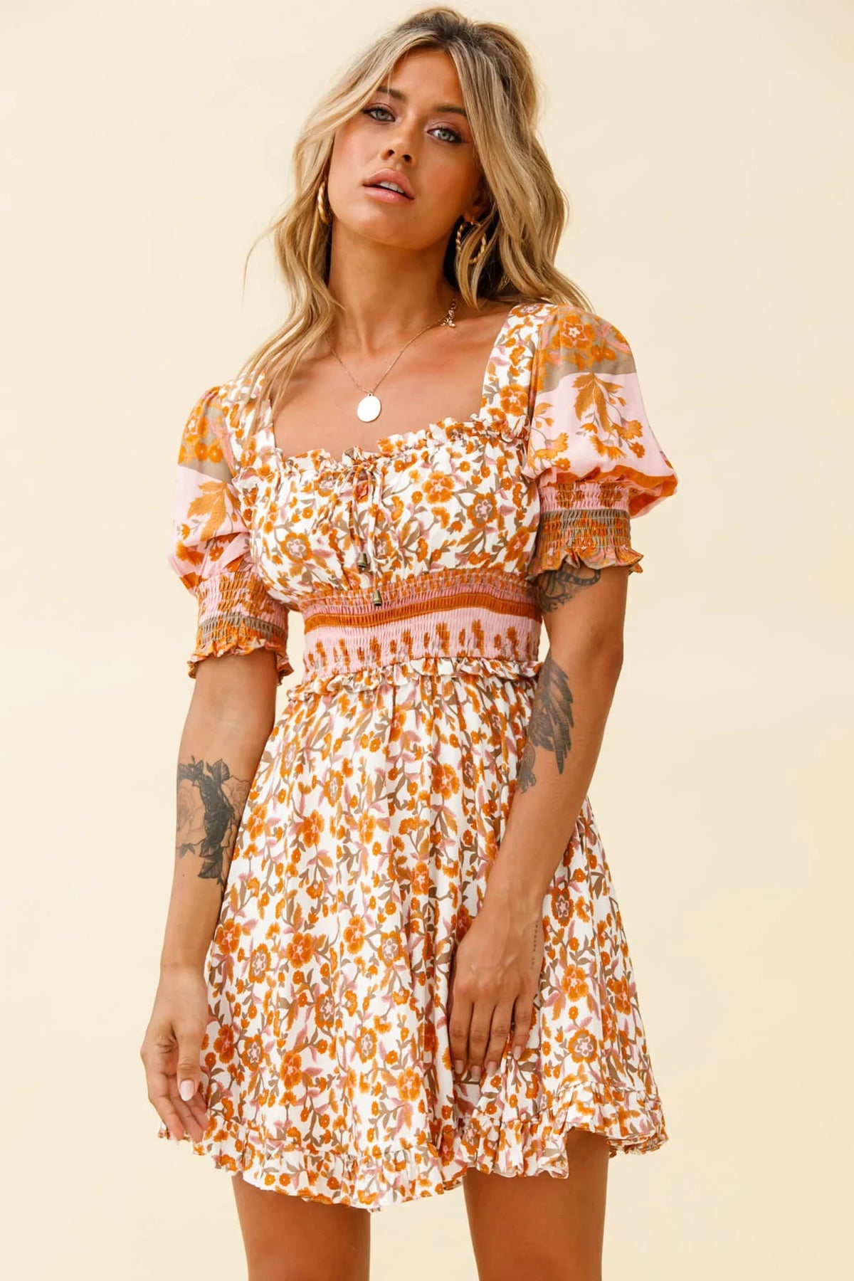 Summer In Paris Puff Sleeve Open Back Dress Floral Print White/Pink