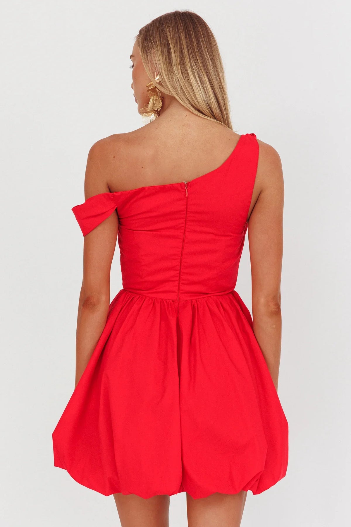 Celinda Asymmetric Neckline Balloon Mini Dress Red