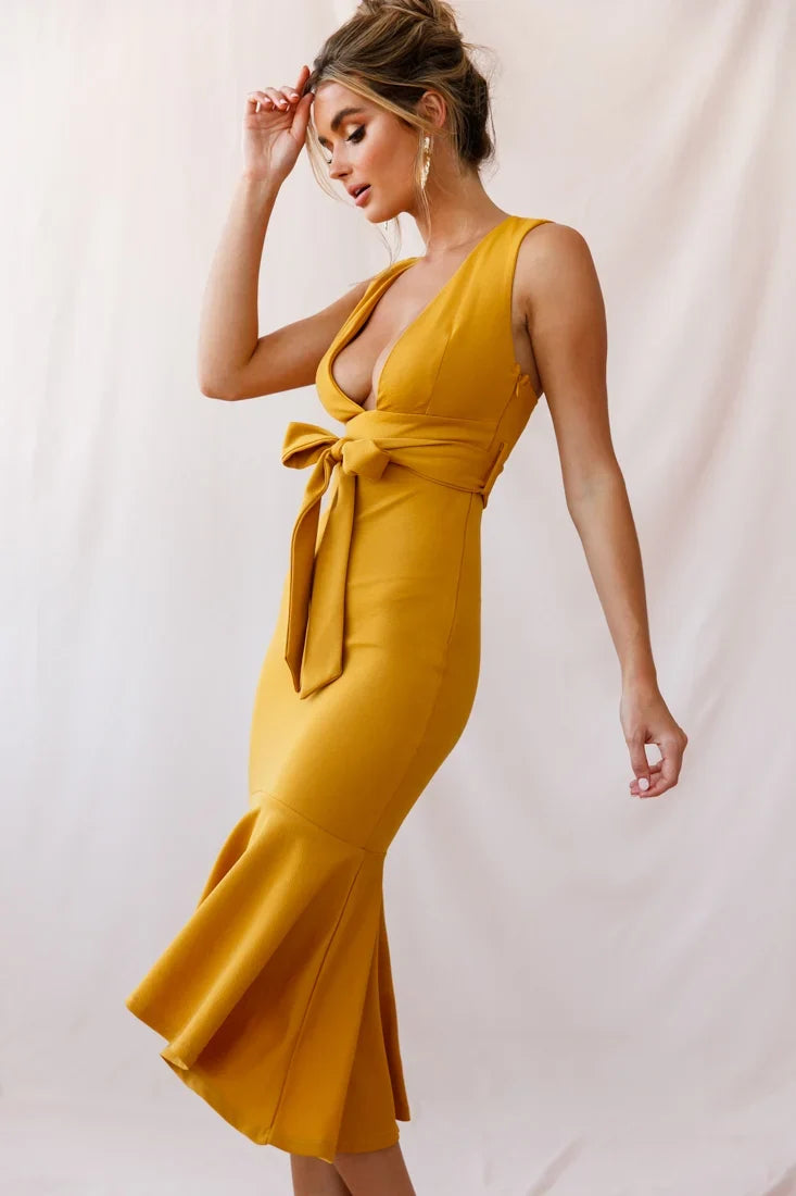 Sorry Not Sorry Wide Strap Flounce Dress Mustard