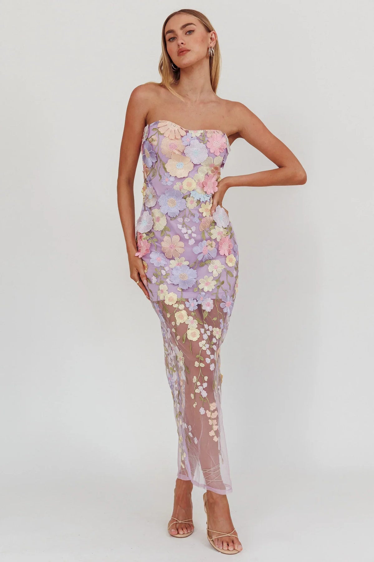 Euphoria Dream Embellished Mesh Maxi Dress Lilac