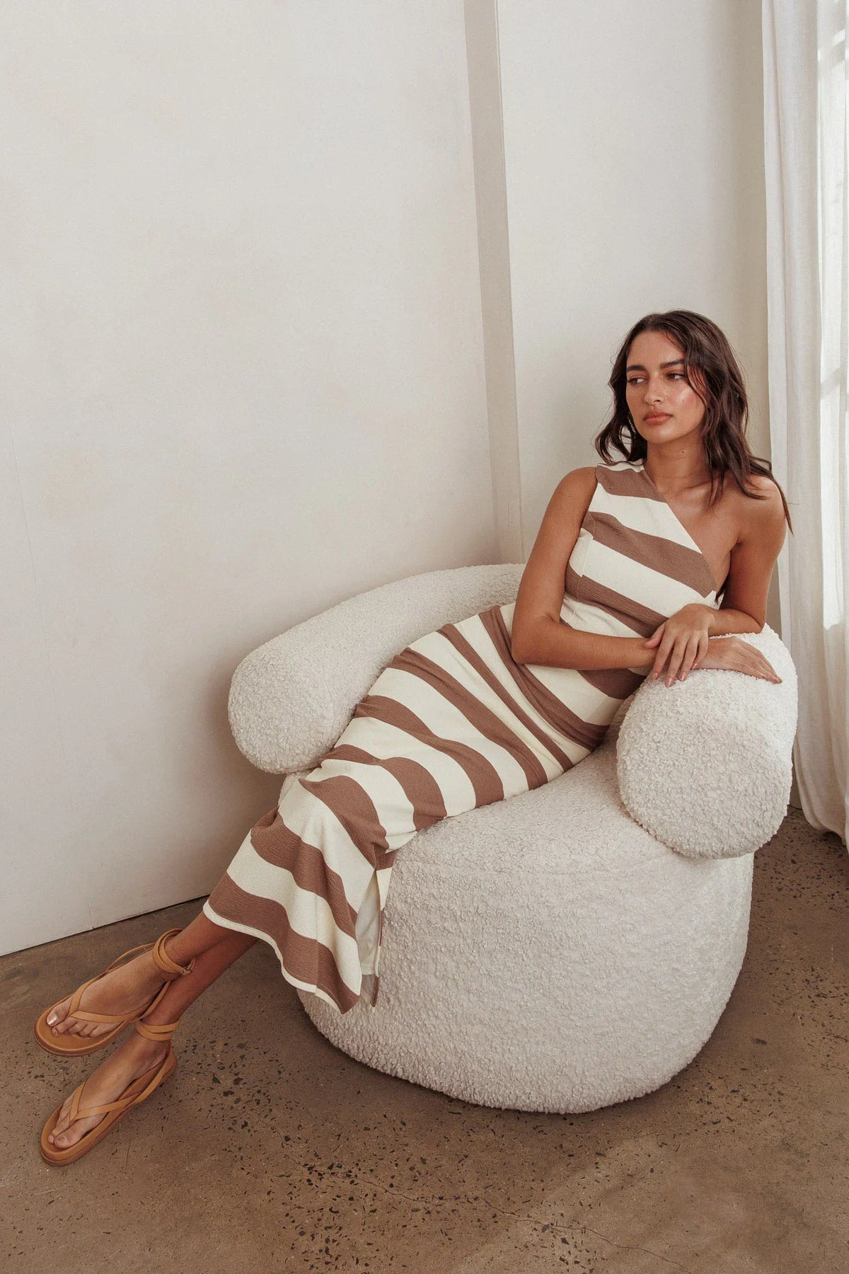 Gracey Striped One Shoulder Maxi Dress Beige/White