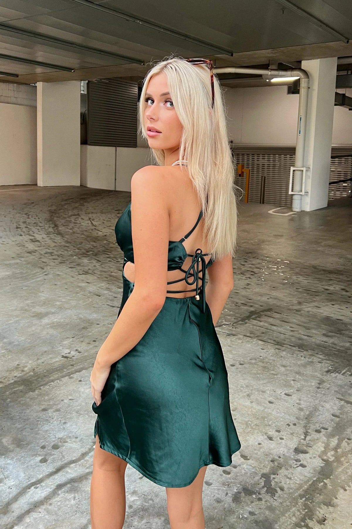 City Lights Cut-Out Waist Strappy Back Mini Dress Jade