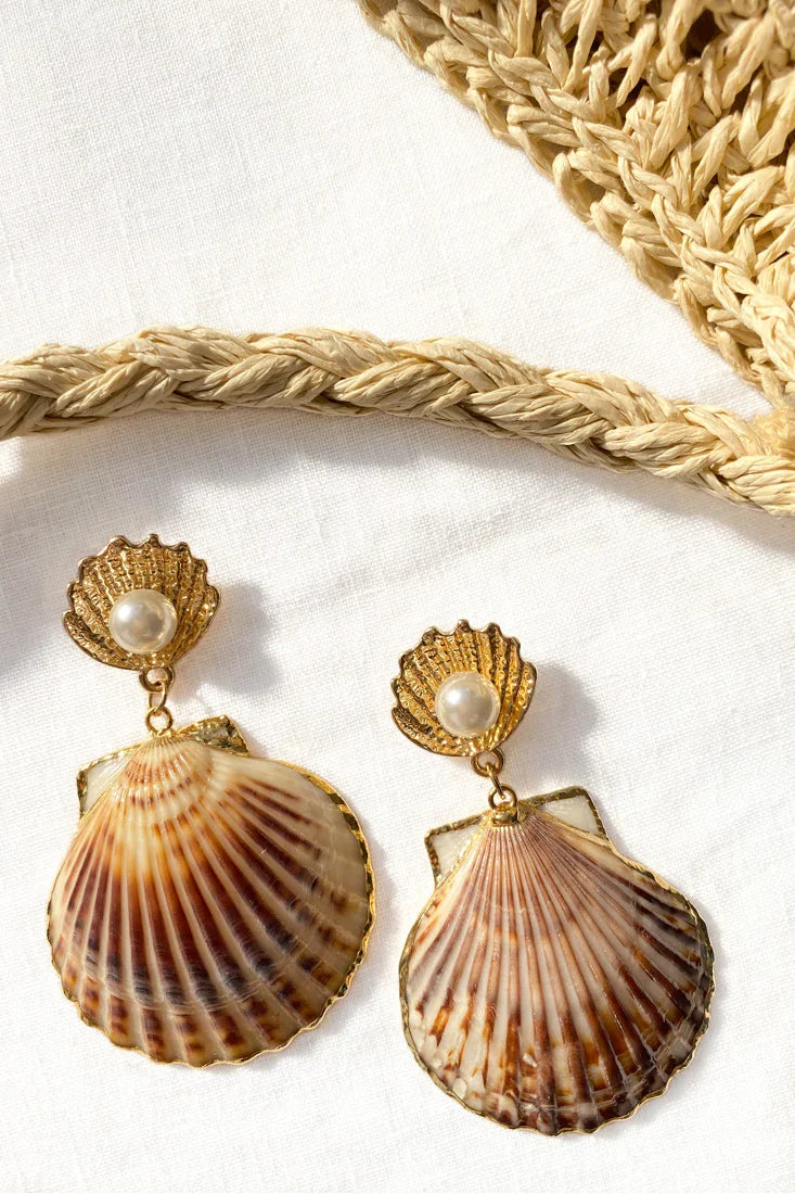 Bora Bora Pearl Accent Shell Earrings Tan
