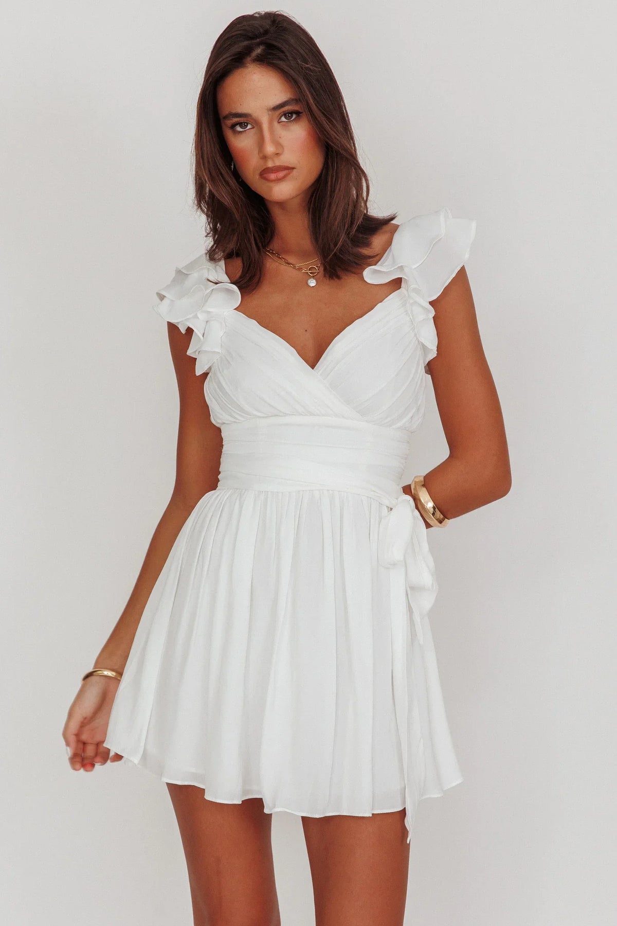 Lola Ruffle Shoulder Ruched Dress White