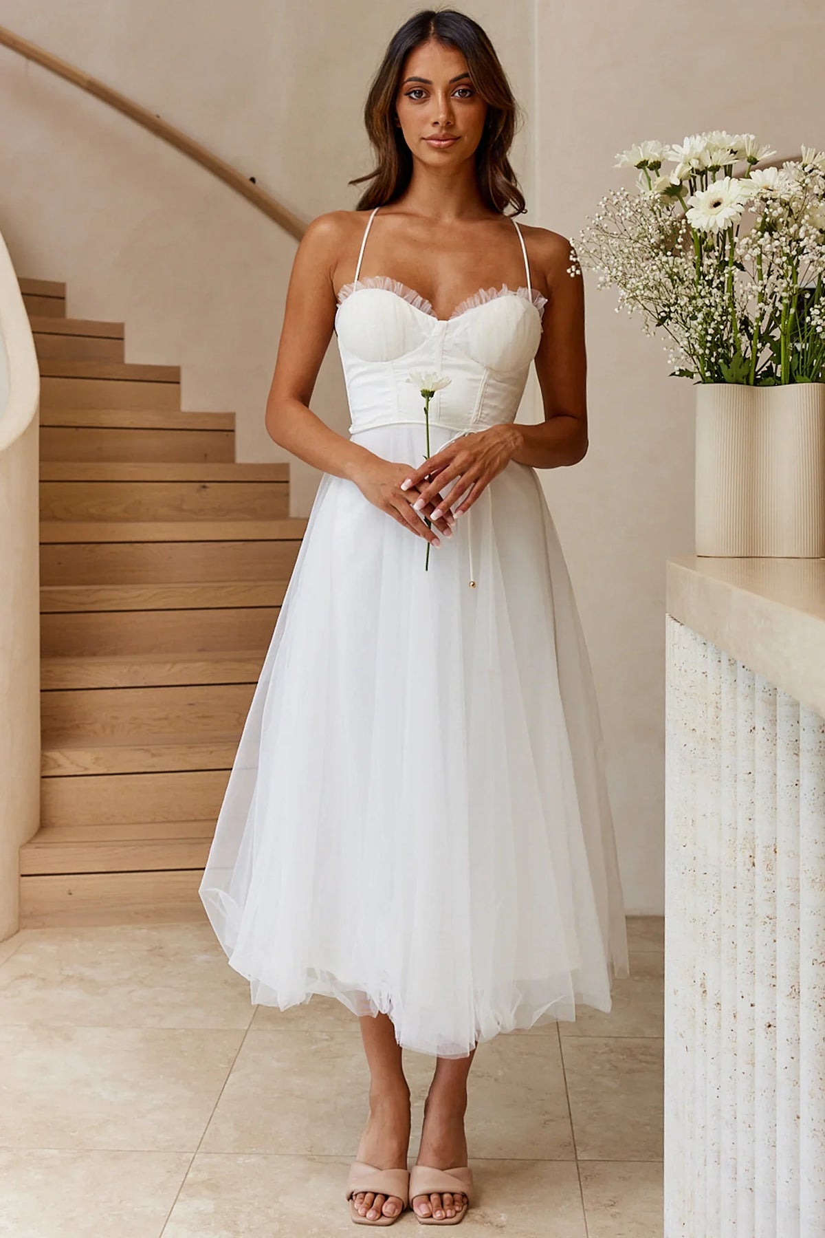 Smitten Sweetheart Neckline Chiffon Midi Dress White