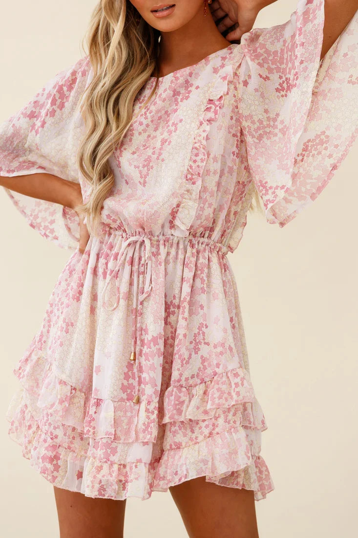 Stars Aligned Angel Sleeve Drawstring Waist Dress Star Print Pink