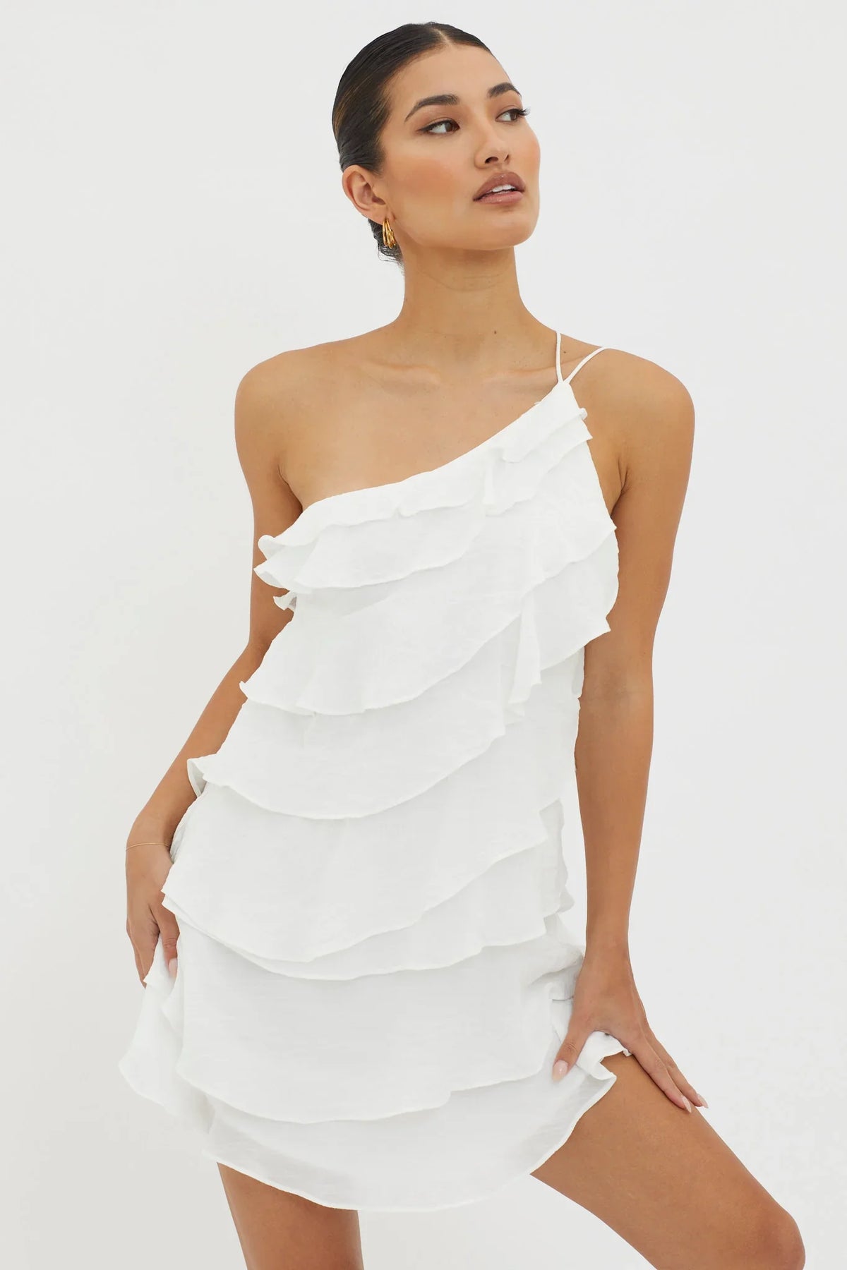 Arrabel Tiered Ruffle Mini Dress White