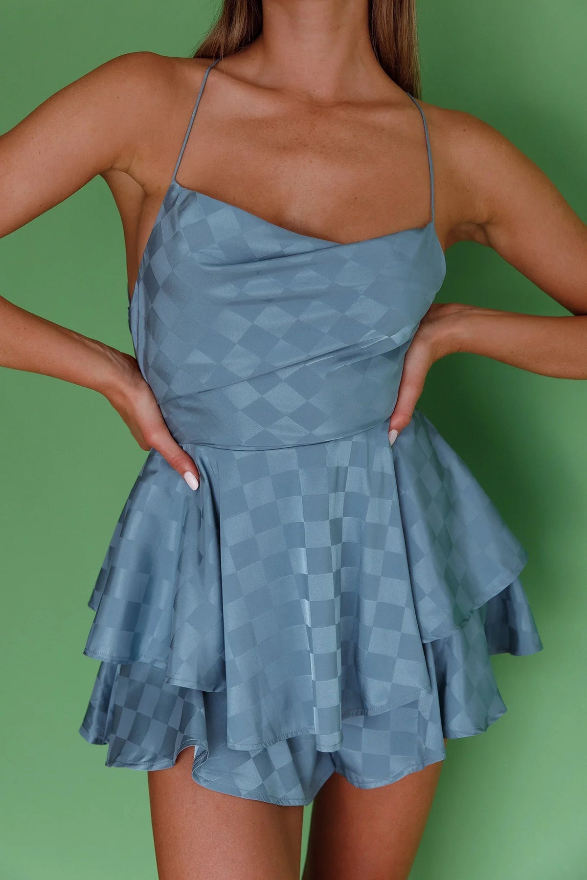 Mon Cherie Cowl Neckline Lace-Up Back Romper Square Pattern Sage