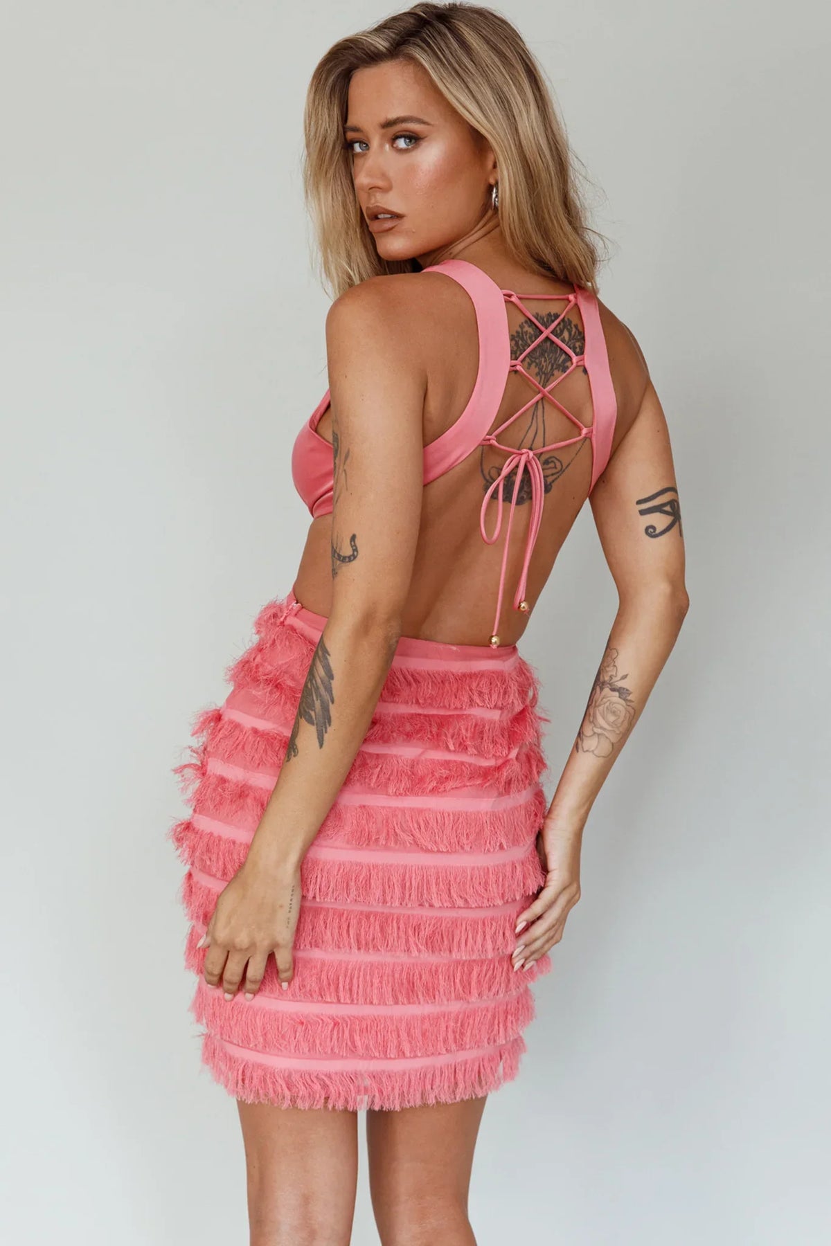 Jolie Fringing Detail Mini Dress Barbie Pink