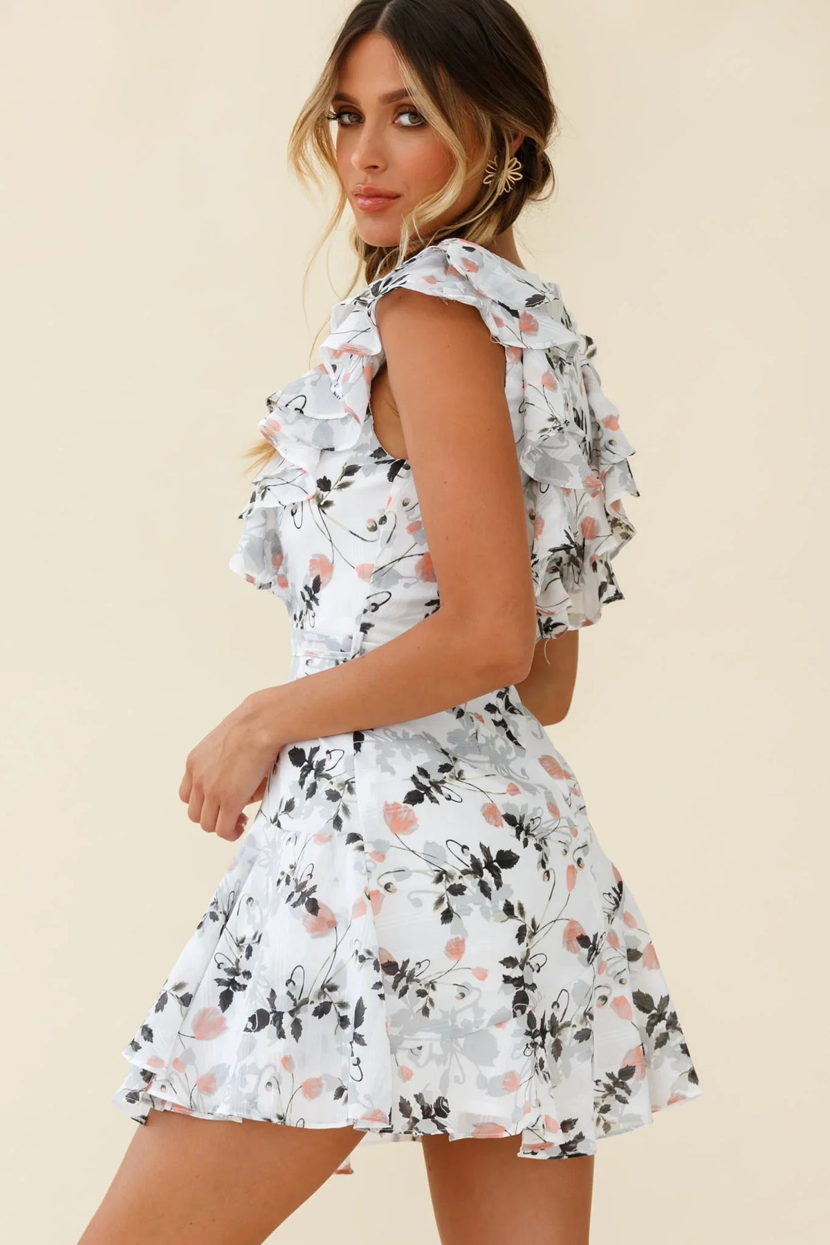 Wilton Ruffle Shoulder A-Line Dress Floral Print White