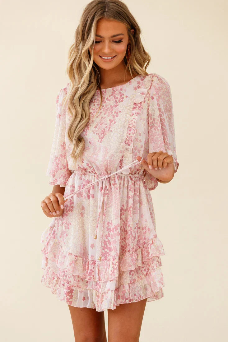 Stars Aligned Angel Sleeve Drawstring Waist Dress Star Print Pink