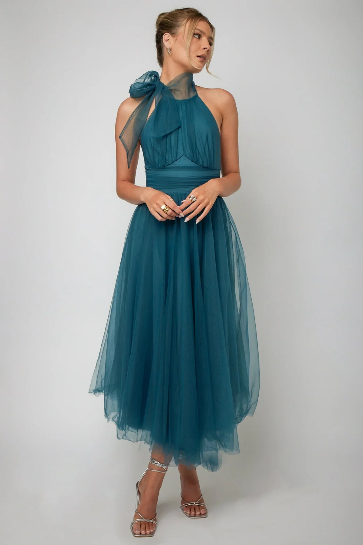 Andria Halterneck Tulle Midi Dress Teal