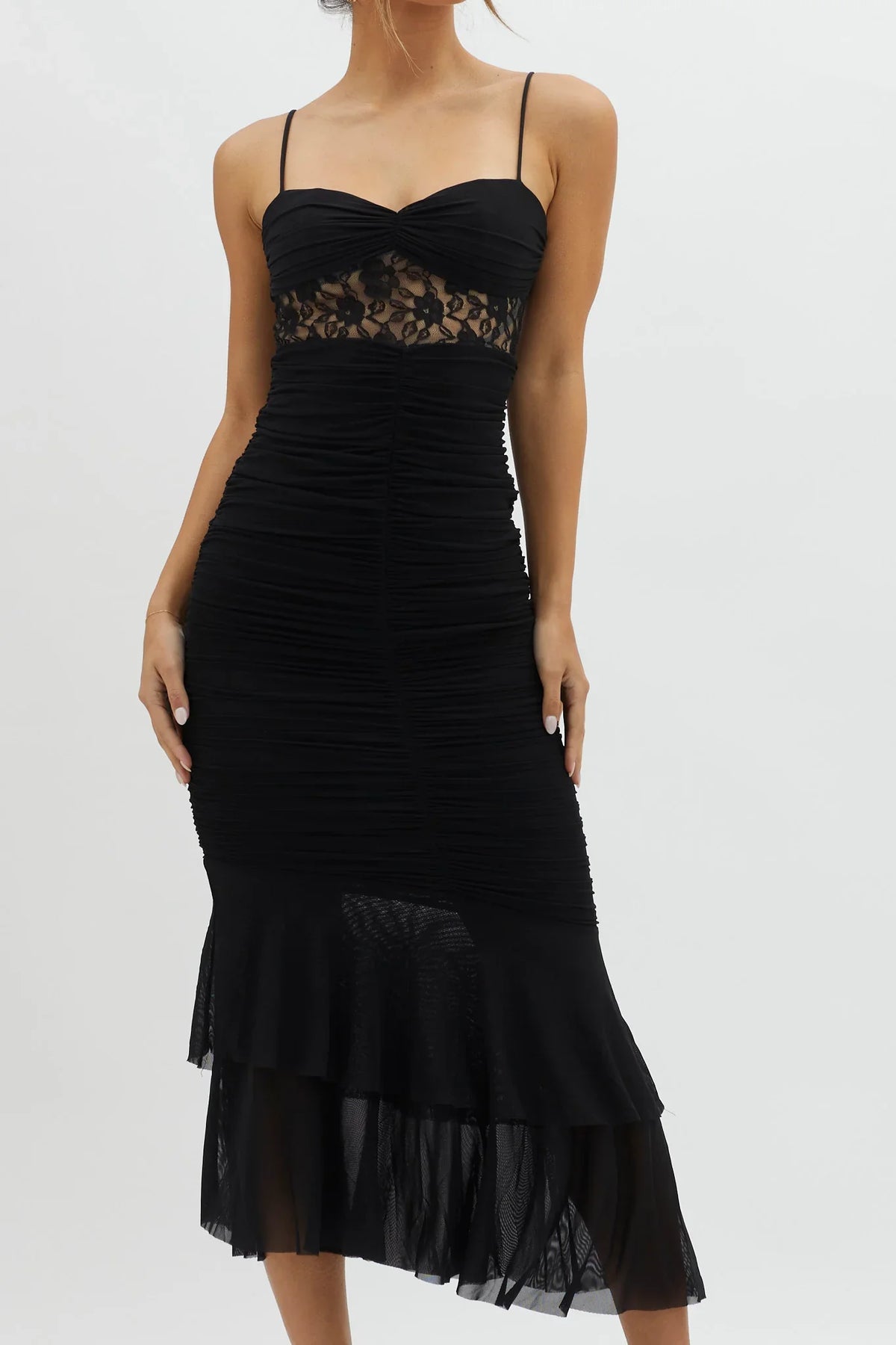 Cherubim Lace Insert Ruched Midi Dress Black