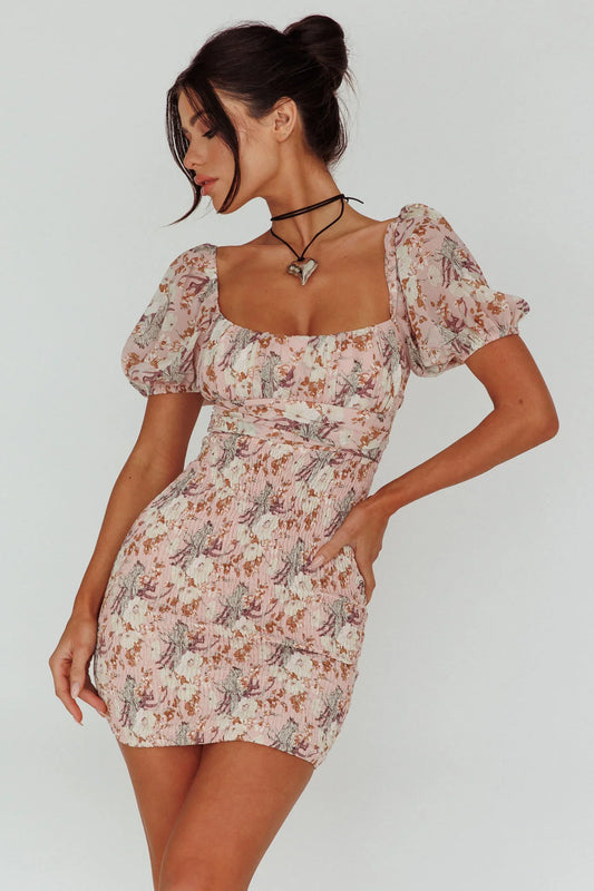 Joie Puff Sleeve Shirred Dress Floral Blush