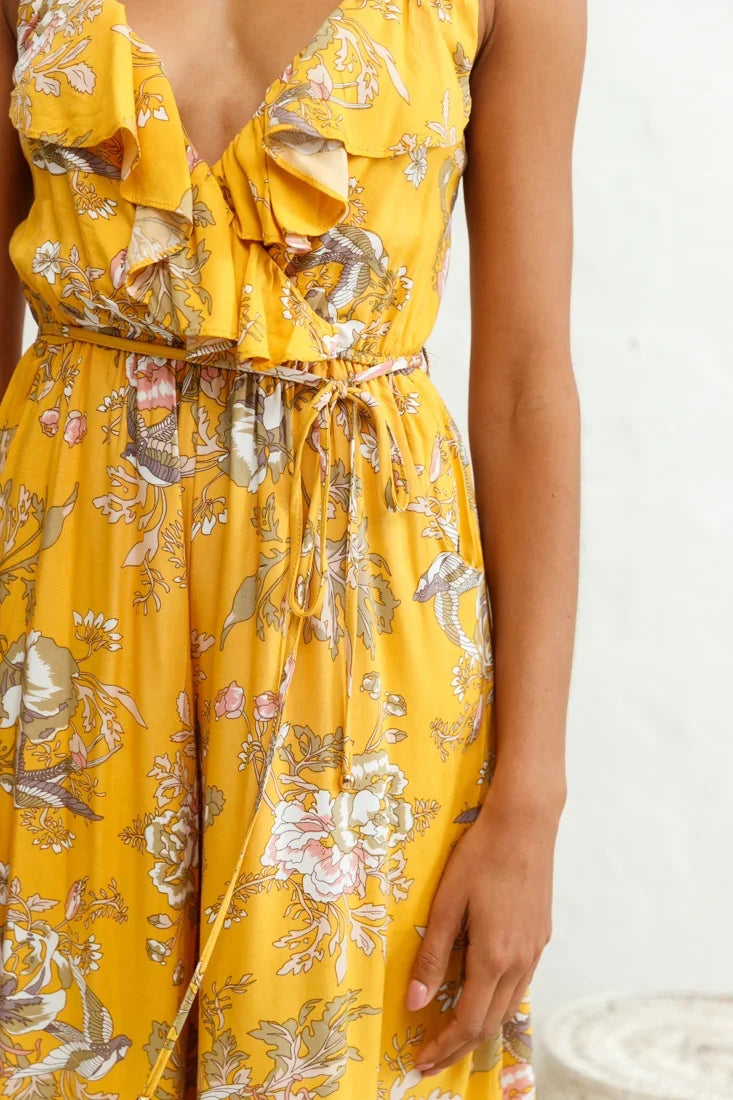 Melita Ruffle V-Neckline Jumpsuit Mustard Print