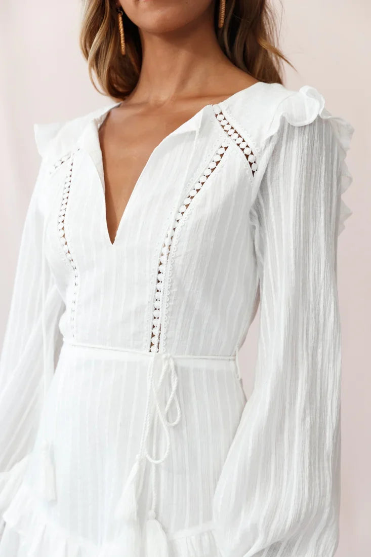 Yours Truly Bell Sleeve Ruffle Dress White
