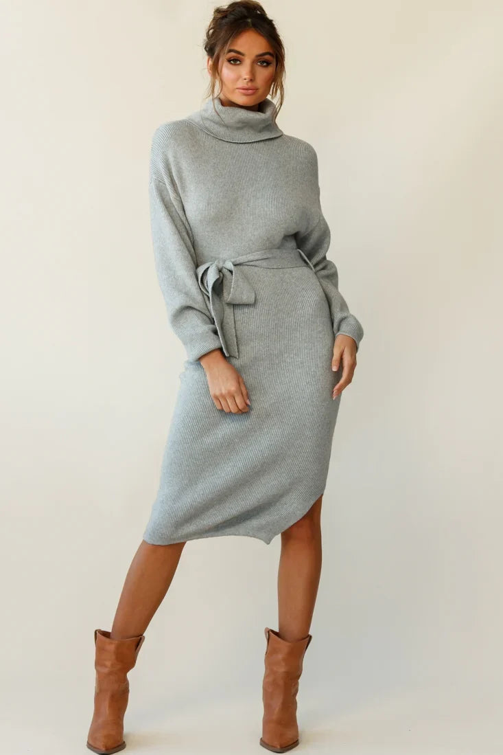 Marco Long Sleeve Turtleneck Knit Midi Dress Grey