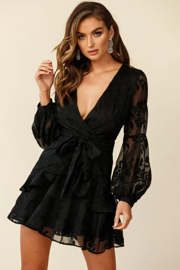 Kerry Layered Balloon Sleeve Dress Floral Embroidered Black