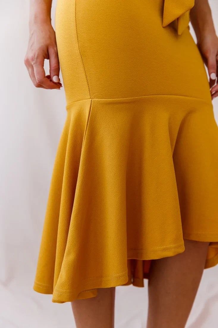 Sorry Not Sorry Wide Strap Flounce Dress Mustard