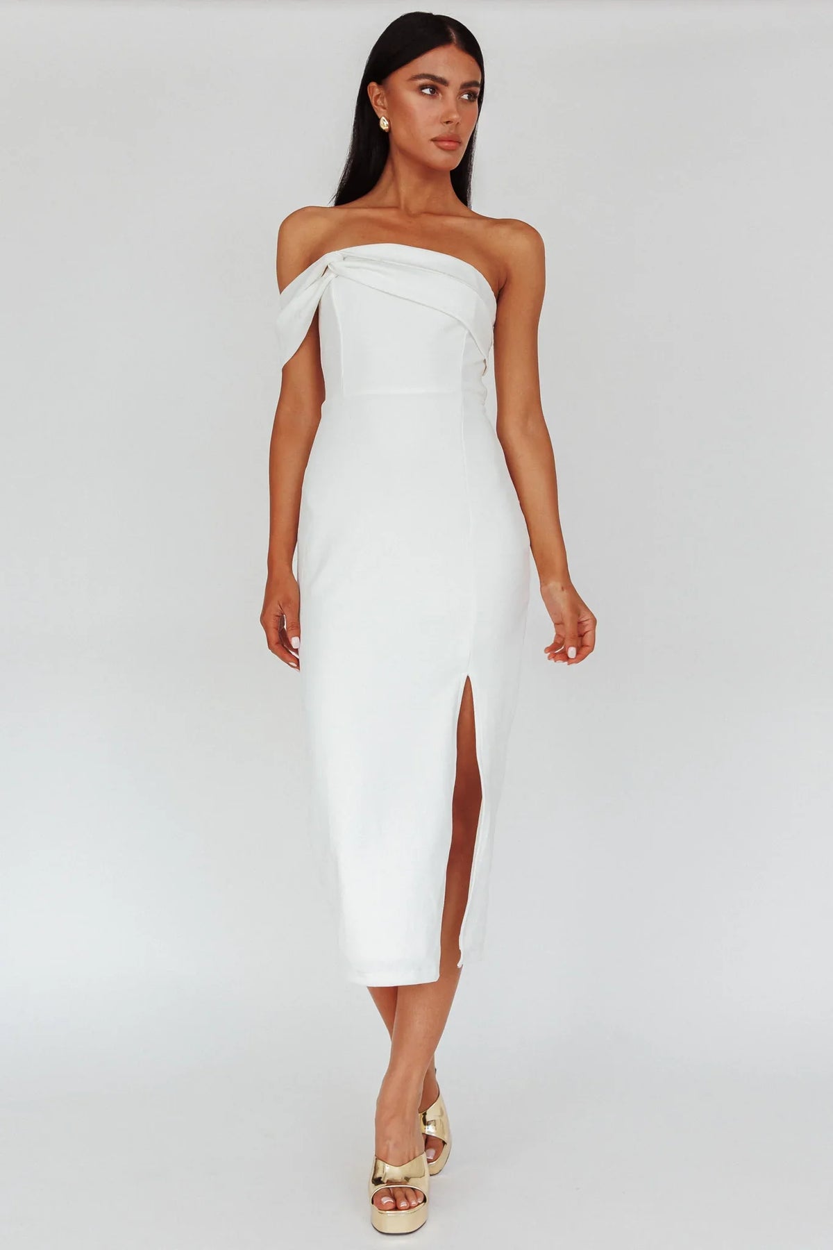 First Impressions One Shoulder Midi Dress White