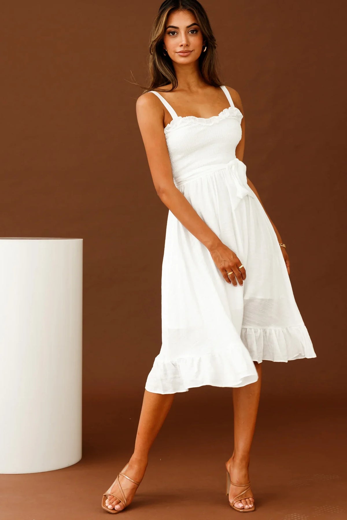 Honey Shirred Frill Midi Dress White