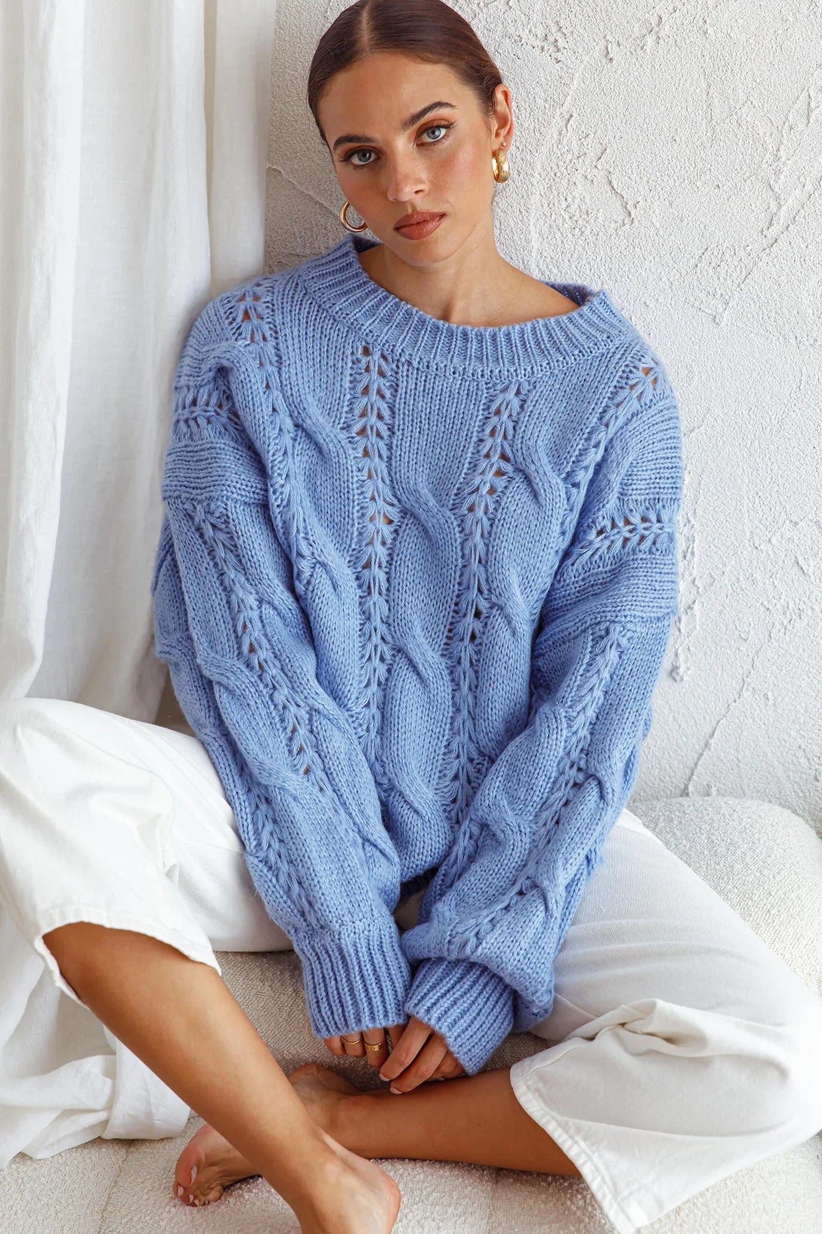 Nicola Long Sleeve Chunky Cable Knit Sweater Blue