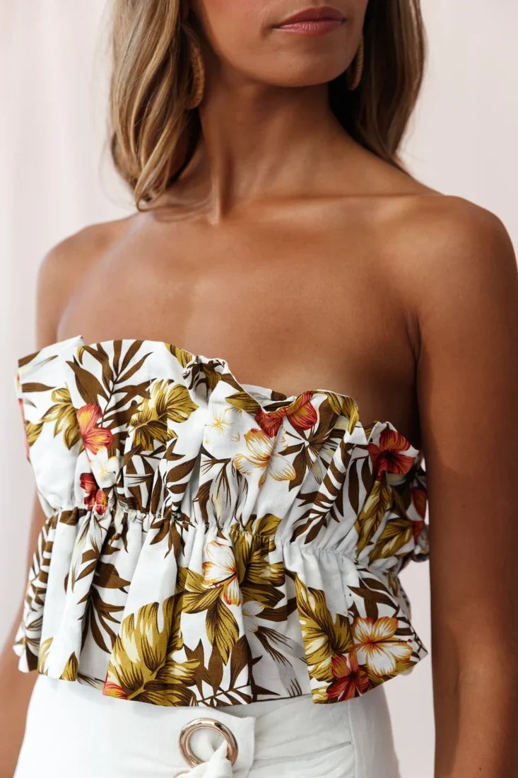 Thea Ruffle Crop Top Tropical Floral Print White
