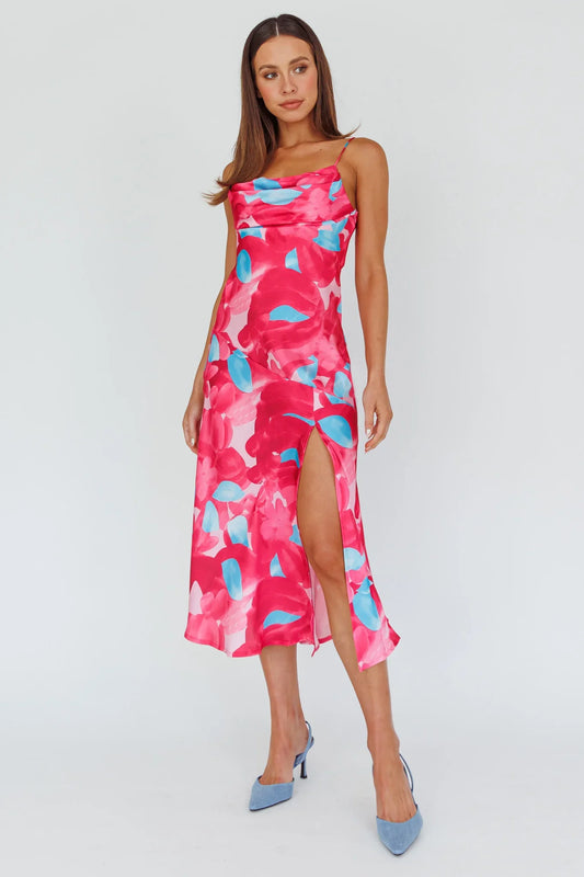 Well Versed Pleated Bust Front Split Dress Flora Pink