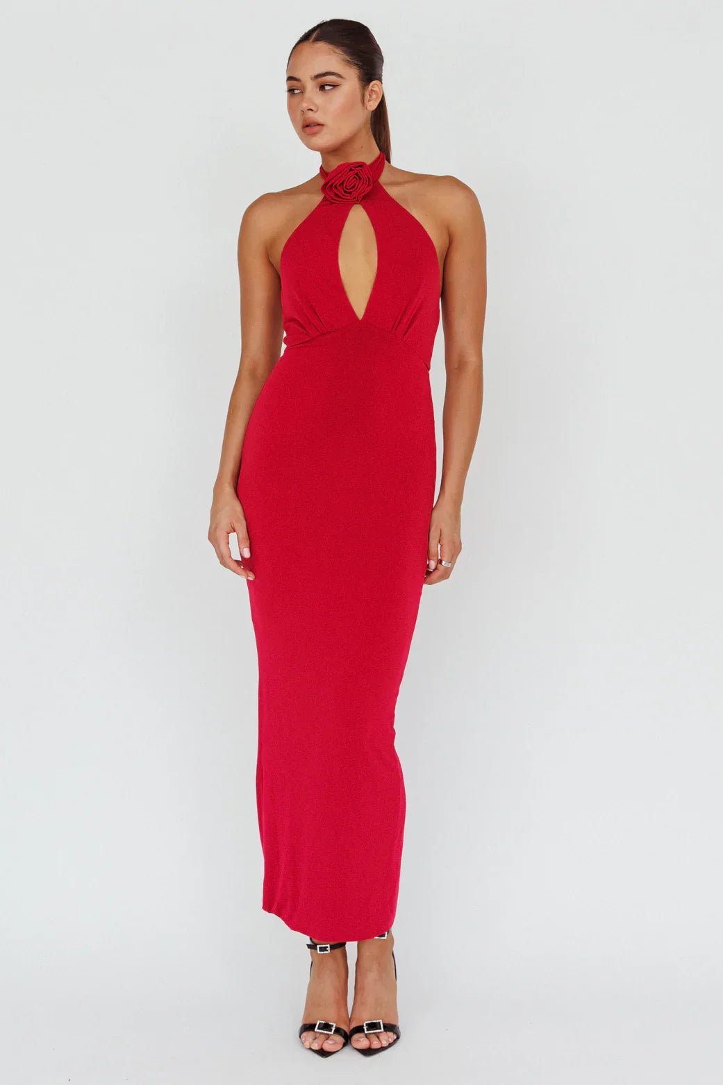 Simha Rose Halterneck Midi Dress Red