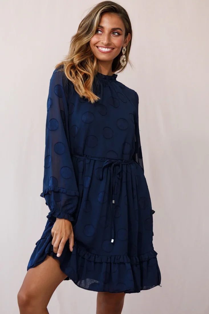 Tracee High Neckline Sheer Sleeve Polka Dot Dress Navy
