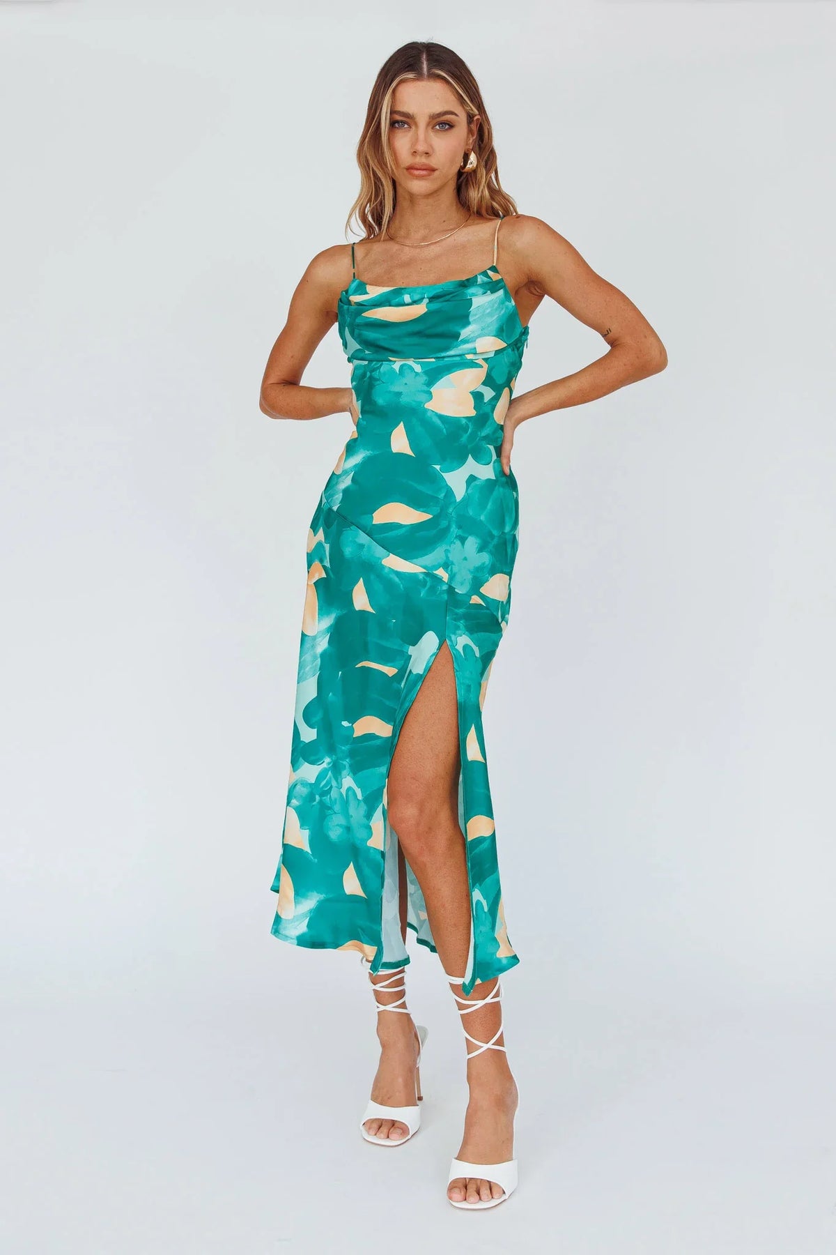 Well Versed Pleated Bust Front Split Dress Flora Green