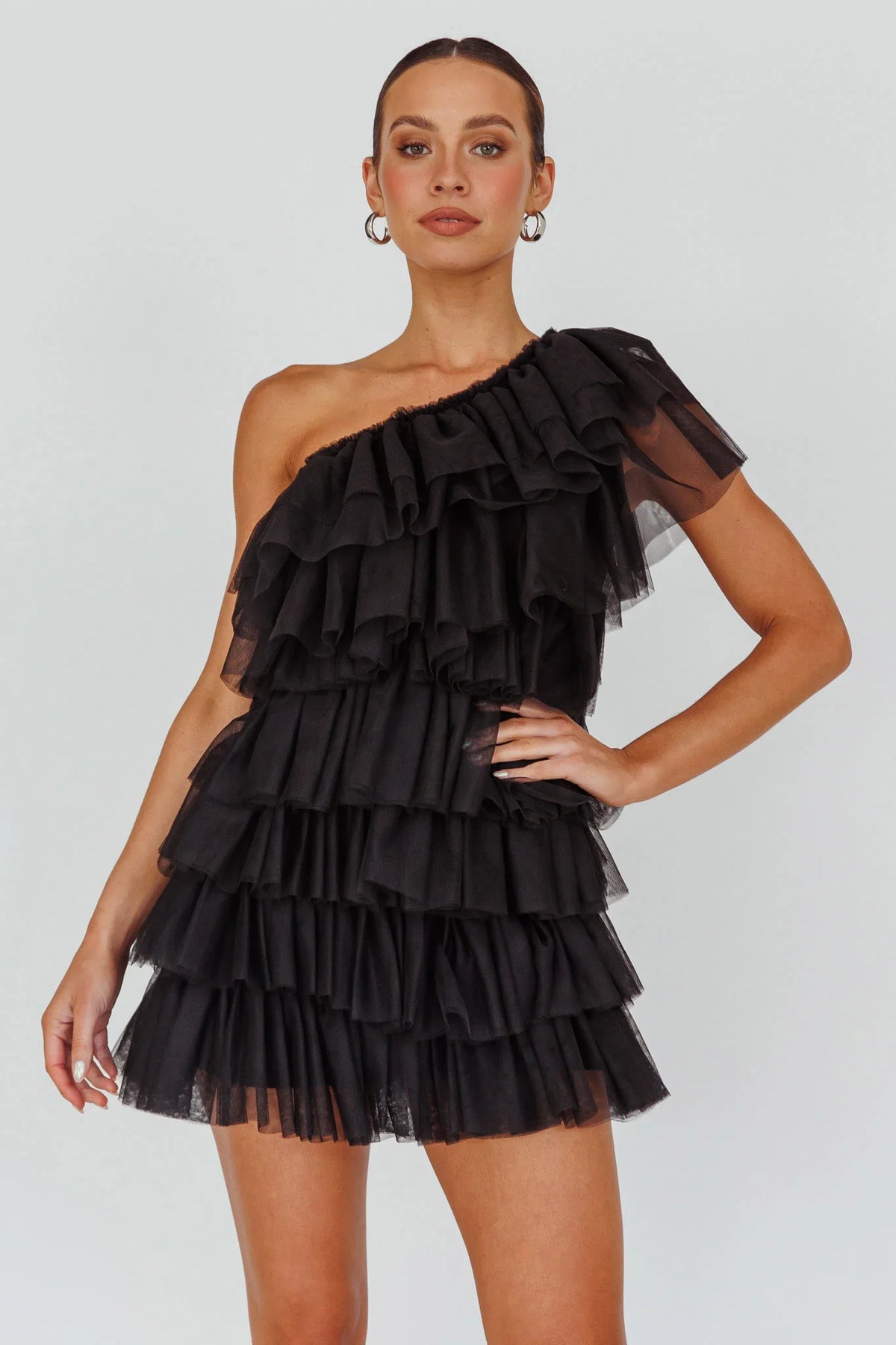 Tomi Layered Frill One-Shoulder Mini Dress Black