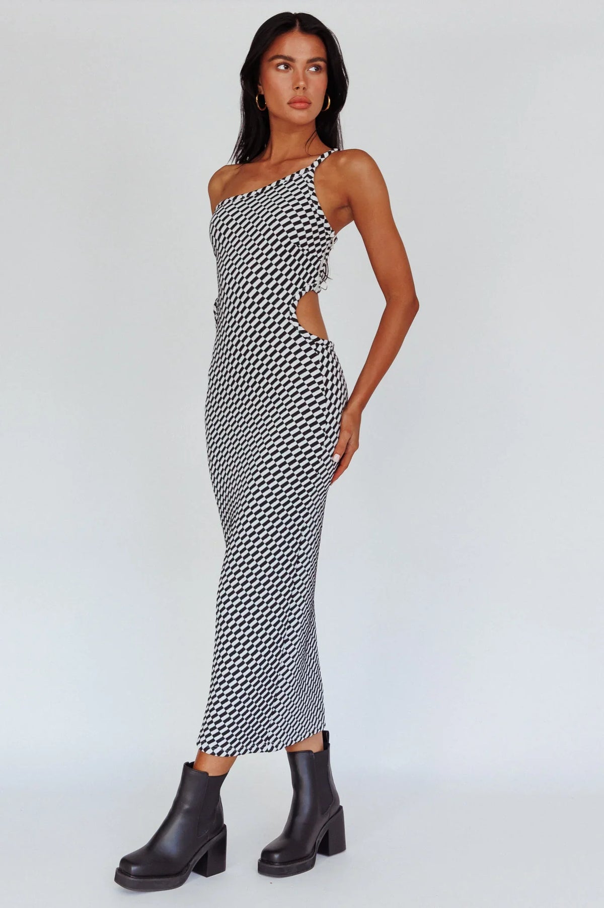 Cinzia One-Shoulder Cut-Out Midi Dress Black