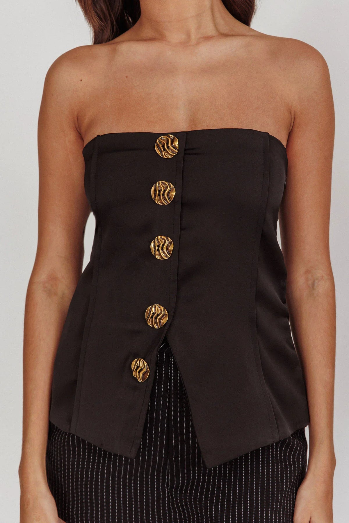 Danni Strapless Gold Button Top Black