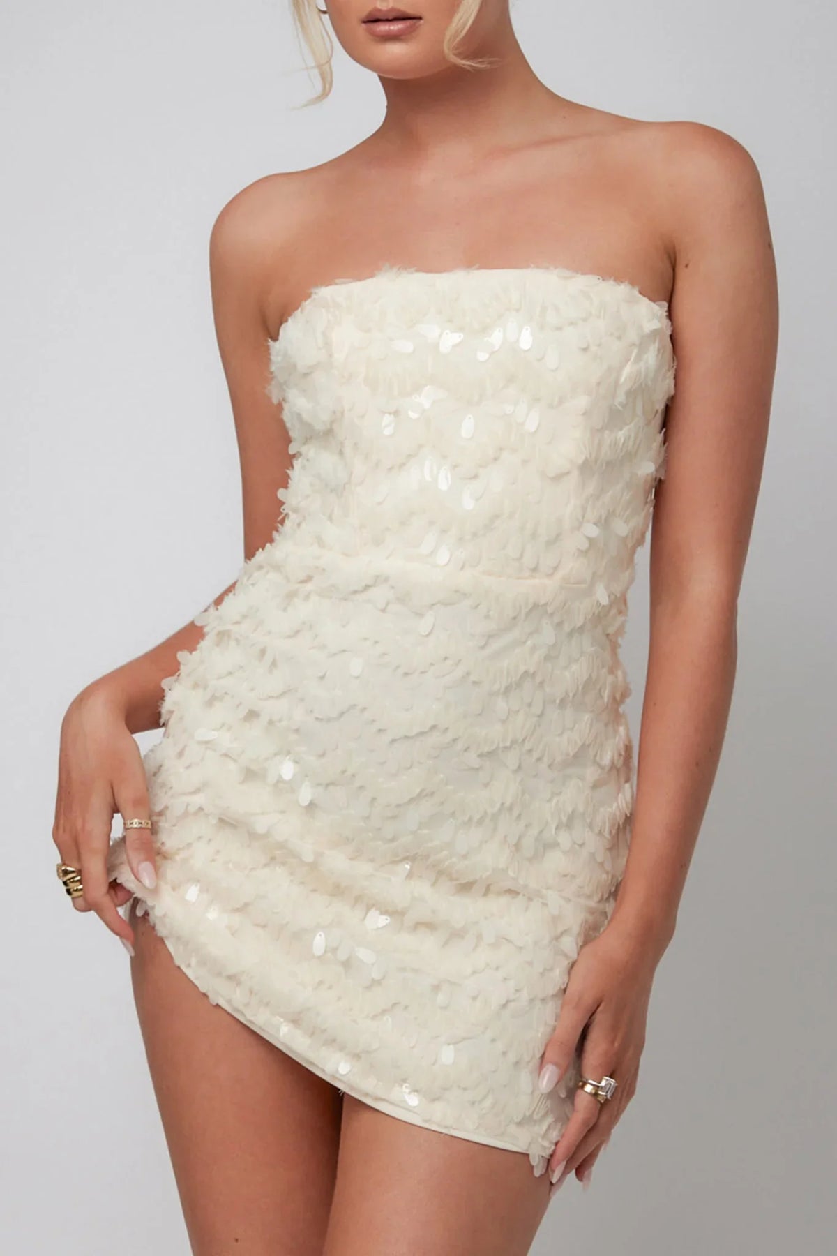 In Paris Embellished Sequin Mini Dress Beige
