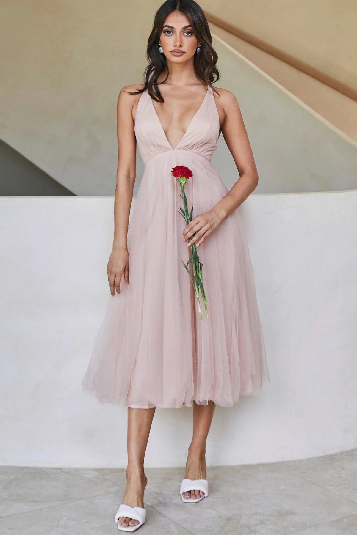 Floating By Plunging Neckline Mesh Overlay Midi Dress Apricot