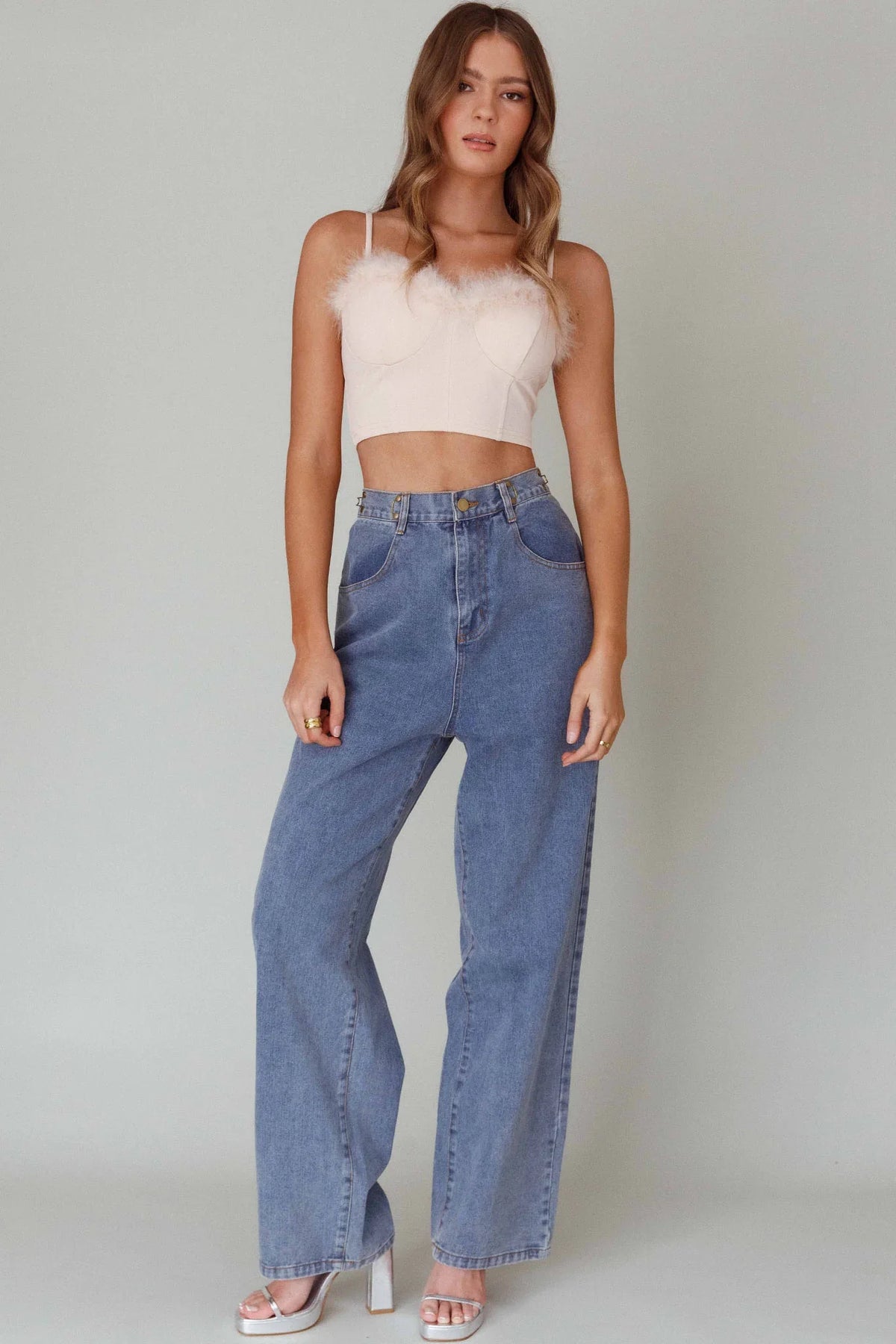 Jovi Feather-Trim Crop Top Nude