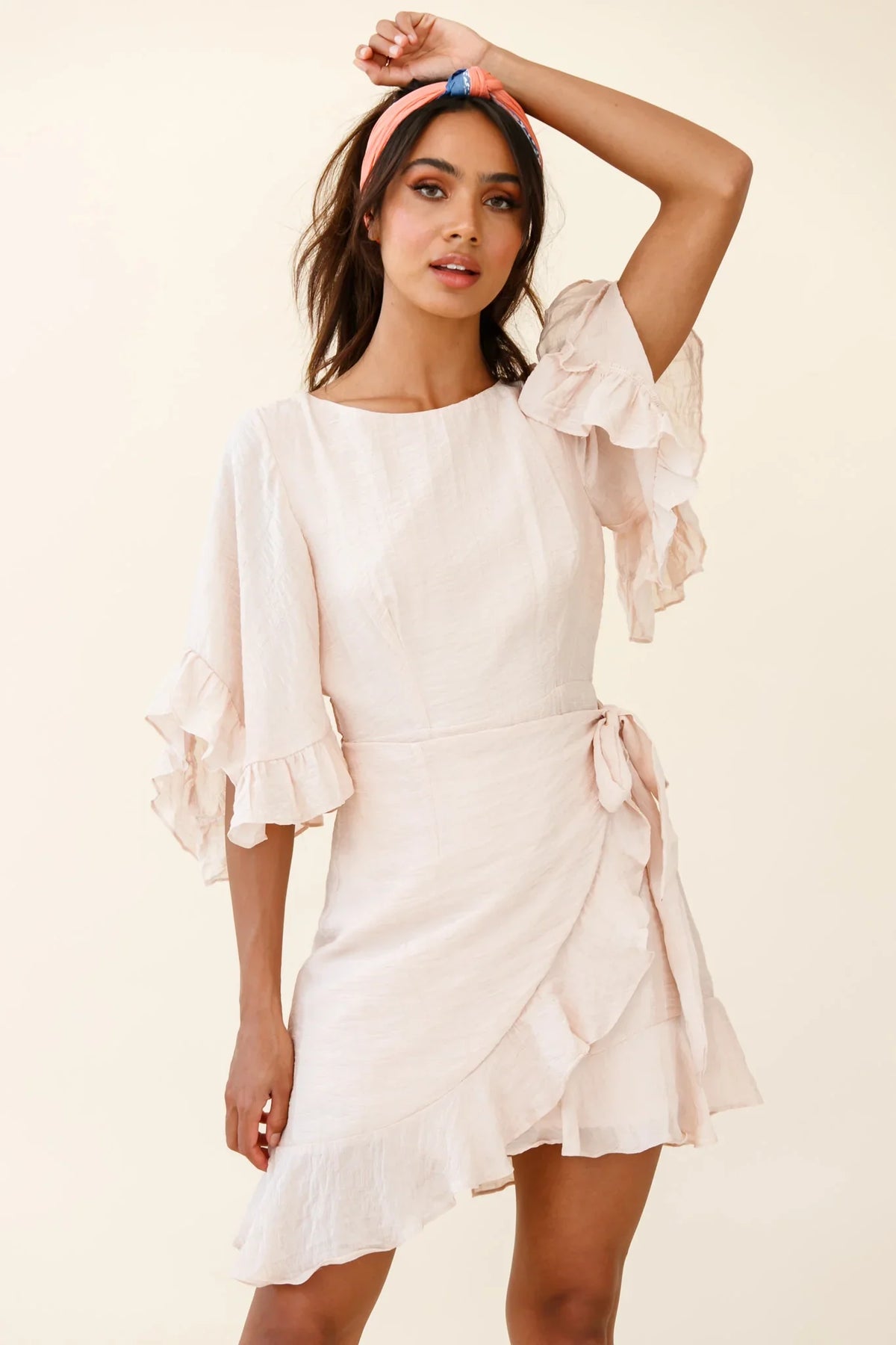 Make It Happen Flared Sleeve Ruffle Trim Dress Beige