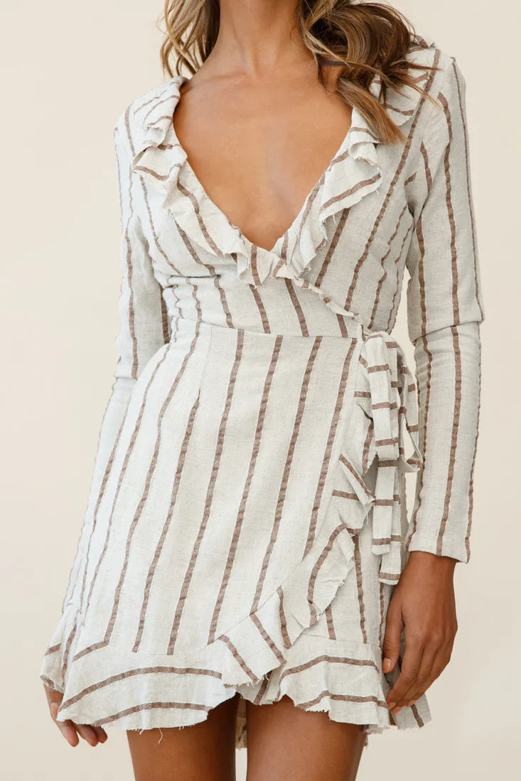 Beatrice Faux Wrap Ruffle Trim Raw Edge Dress Natural/Tan Stripe