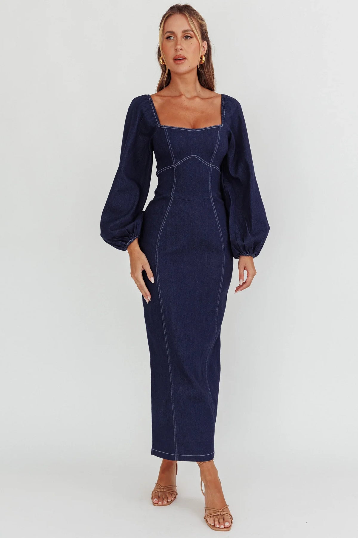 Bay Side Long Sleeve Denim Midi Dress Indigo