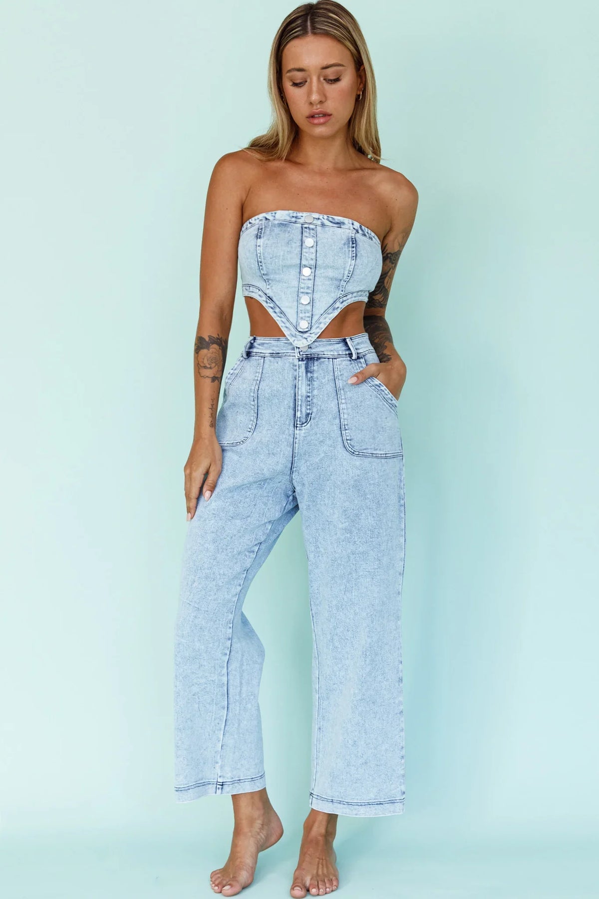 Uptown Strapless Crop Top Denim