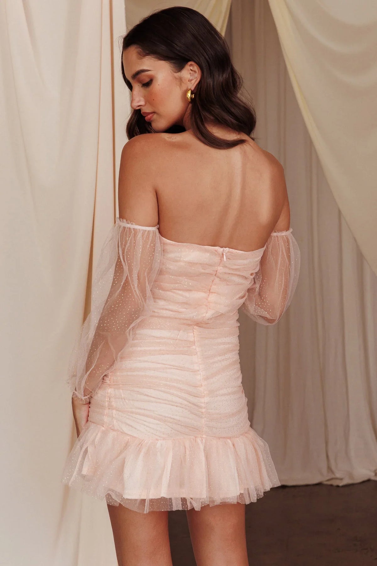 Moment In Time Off-Shoulder Mini Dress Peach/Gold