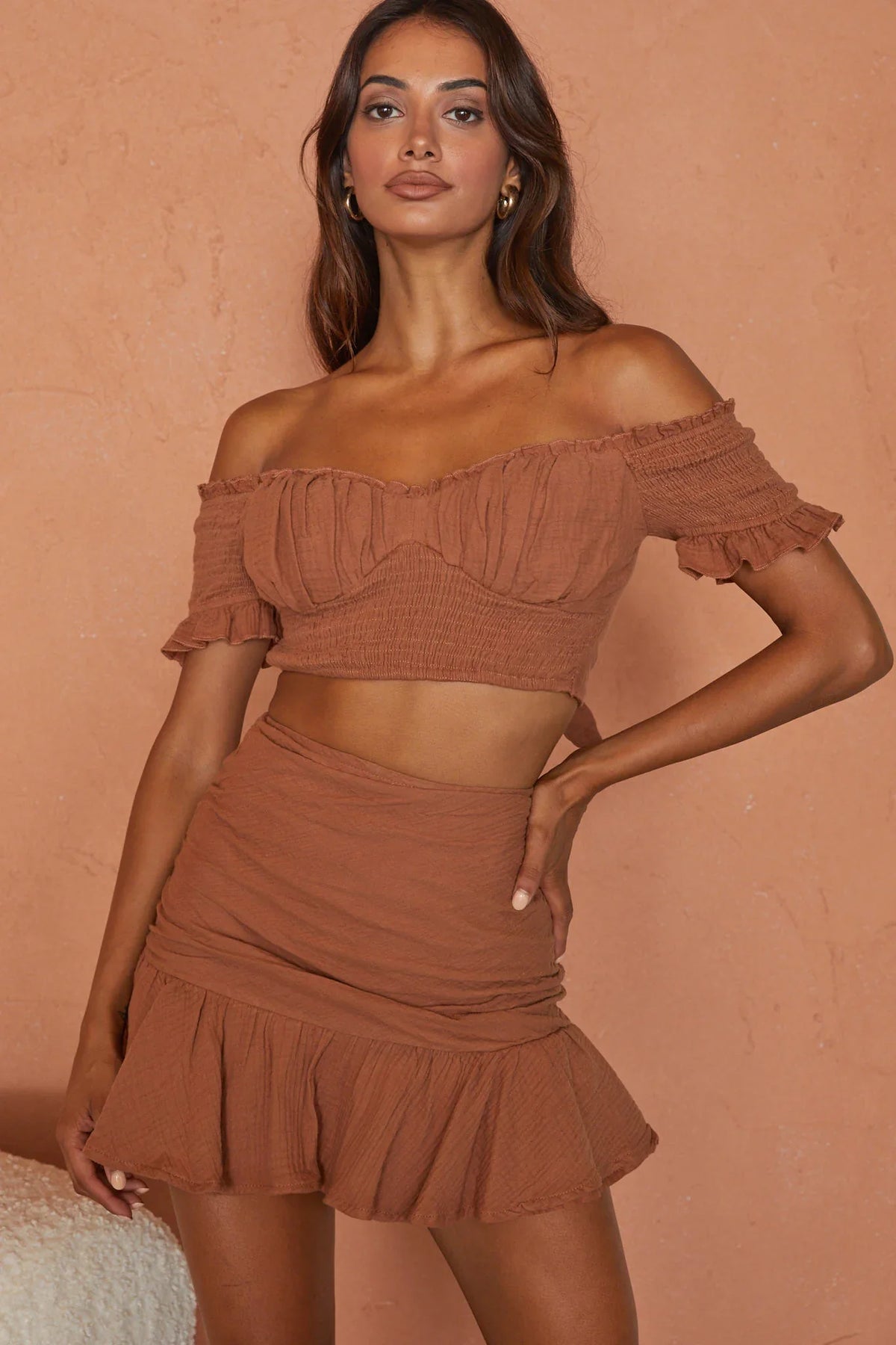 Rise And Shine Flounce Ruffle Hem Mini Skirt Latte