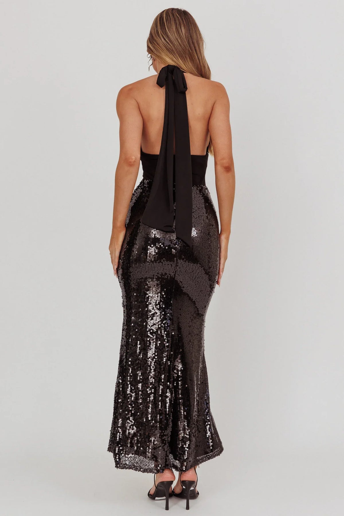 Italia Azure Halterneck Sequin Maxi Dress Black