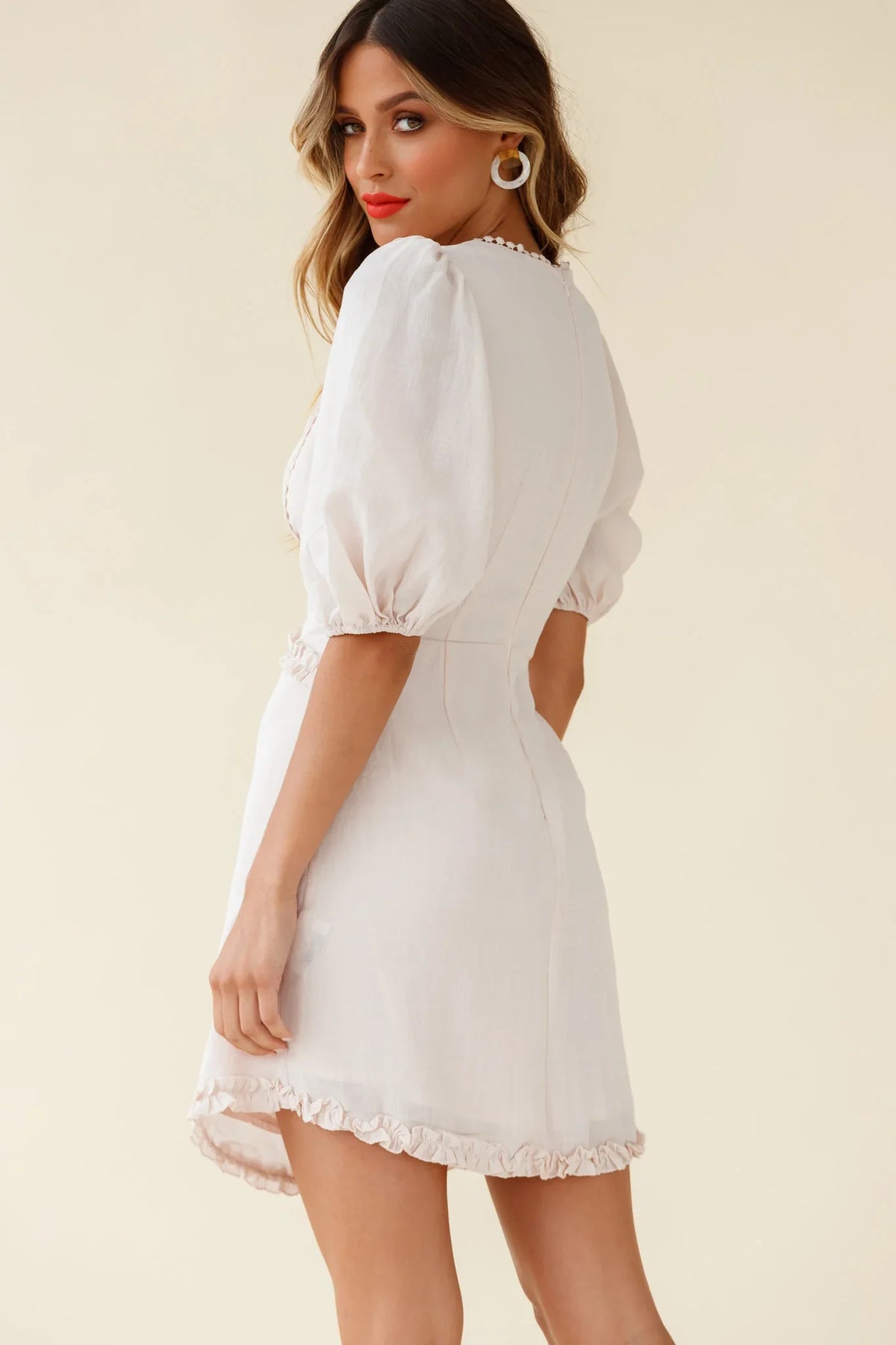 Meant To Be Puff Sleeve Frill Detail Dress Beige