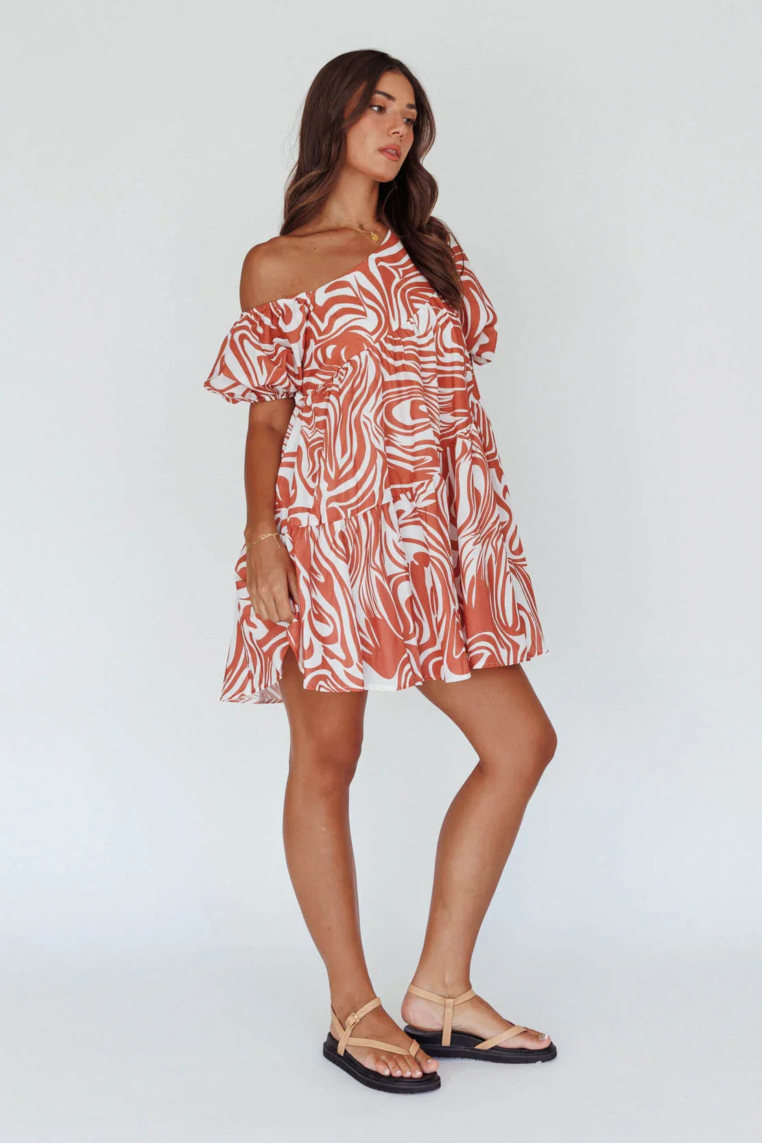 Villa Puff Sleeve One-Shoulder Dress Terracotta