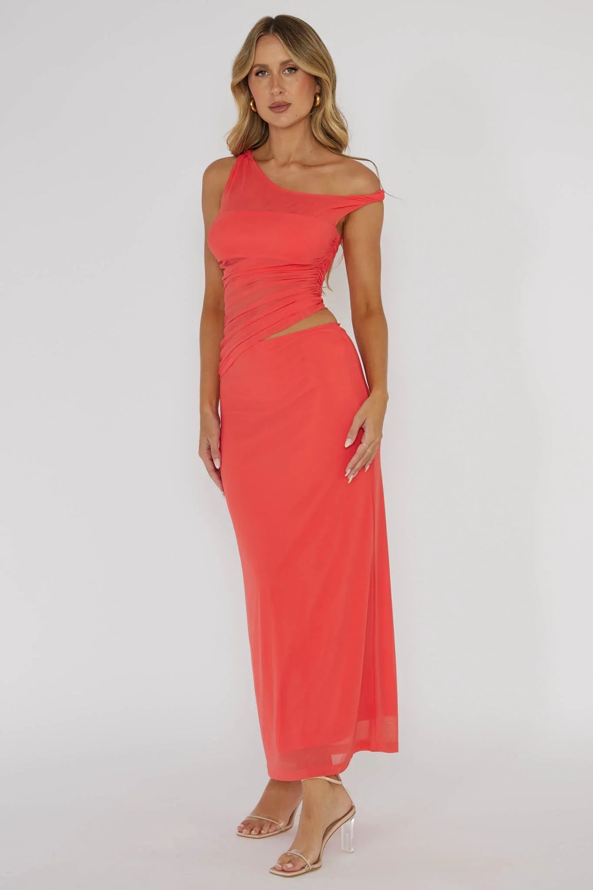 Lorely Ruched Bodice Twist Strap Midi Dress Watermelon