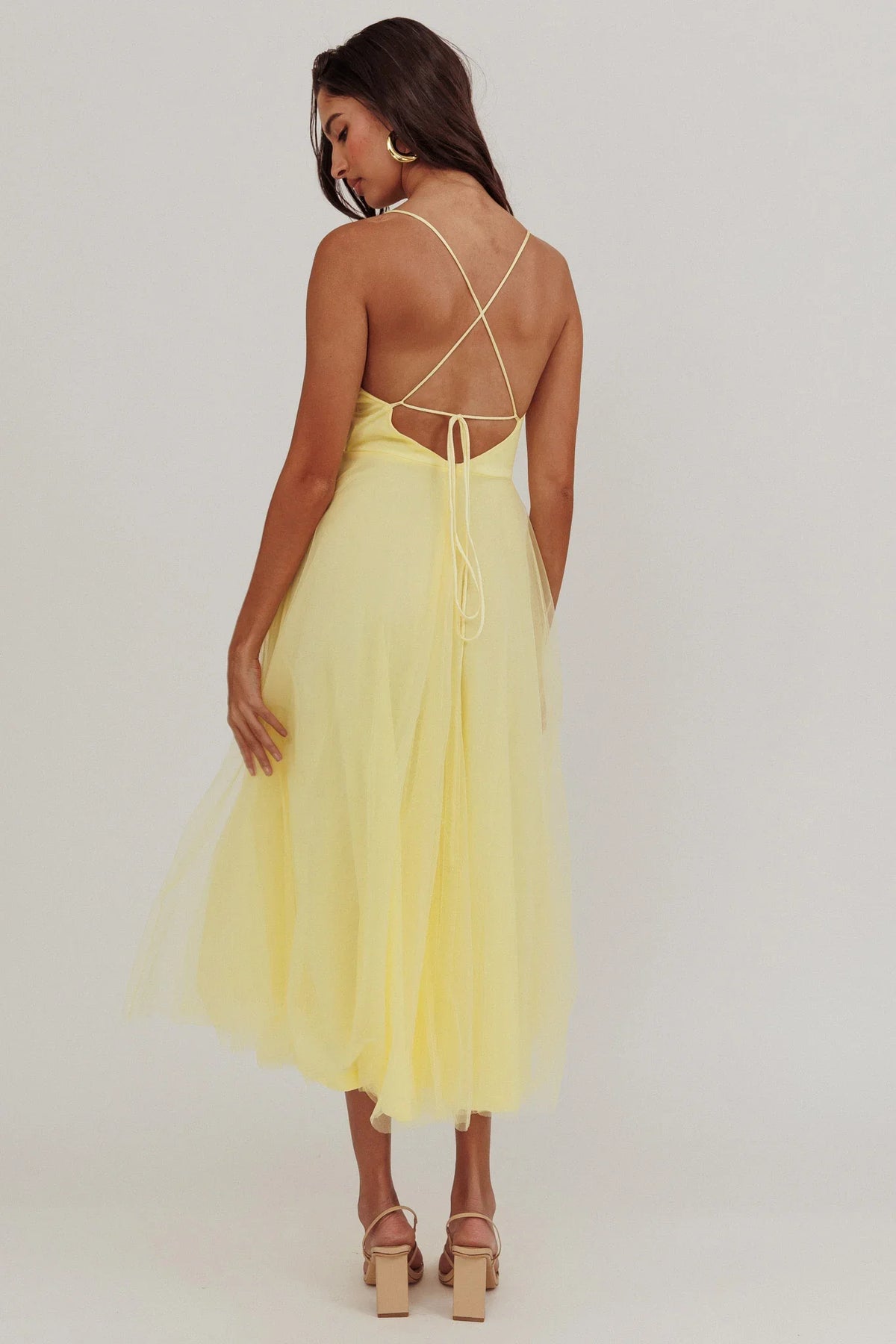 Floating By Pleated Neckline Mesh Midi Dress Yellow