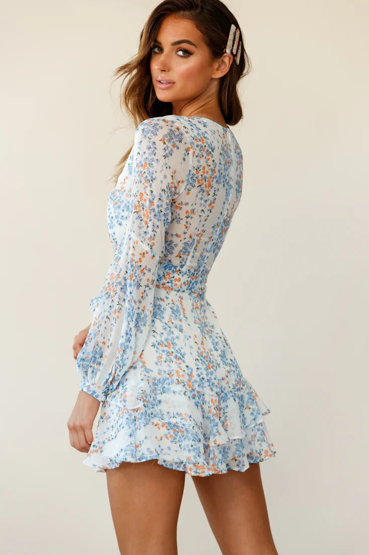 Kerry Layered Balloon Sleeve Dress Floral Vine Print White