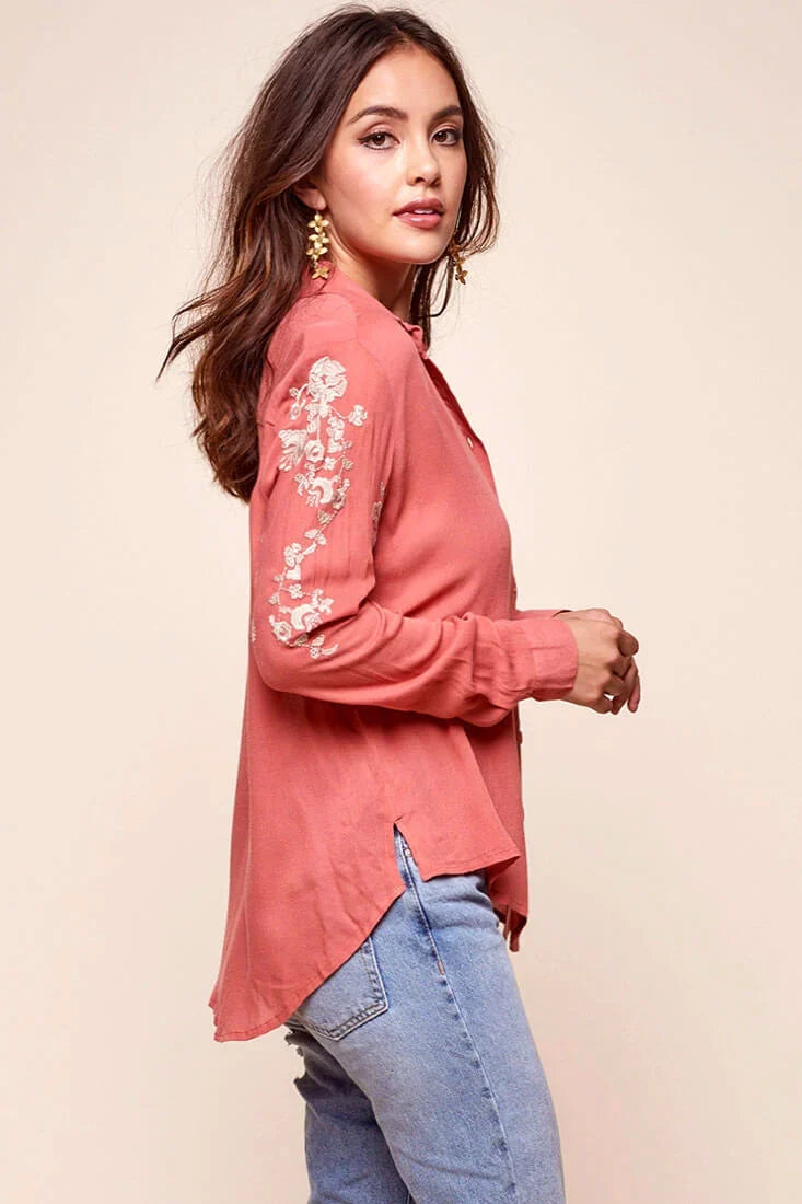 Issa Floral Sleeved Button Up Top Rust